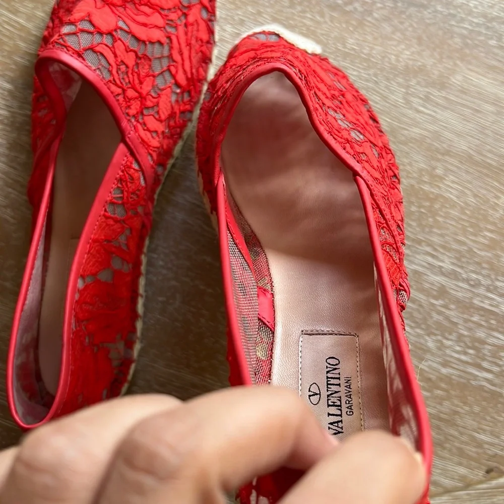 Valentino Garavani Lace Espadrille Flat Red Size 39EU